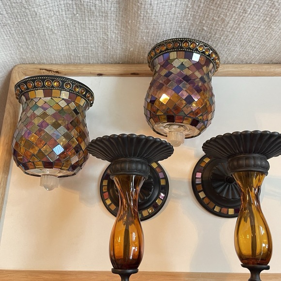 2 Party Lite Mosaic Glass Peglite And Votive Wall Sconce Global Fusion Set - Picture 8 of 13